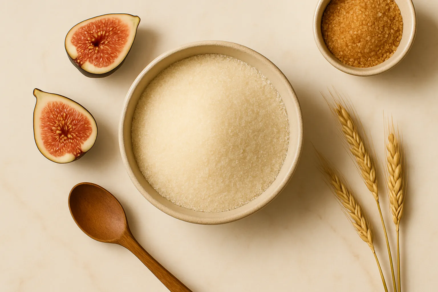 Allulose sweetener in a measuring cup next to figs and wheat stalks