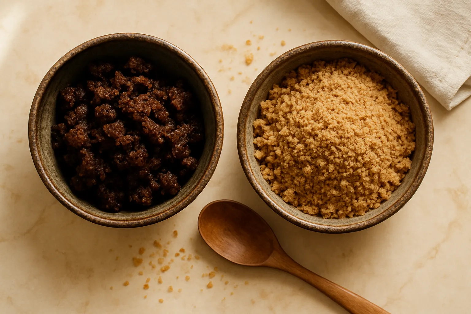 Muscovado sugar vs brown sugar comparison showing texture and color differences