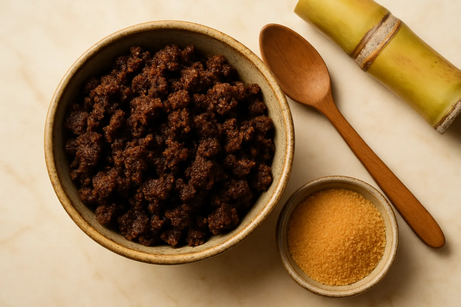 Dark muscovado sugar with rich molasses content and sticky texture