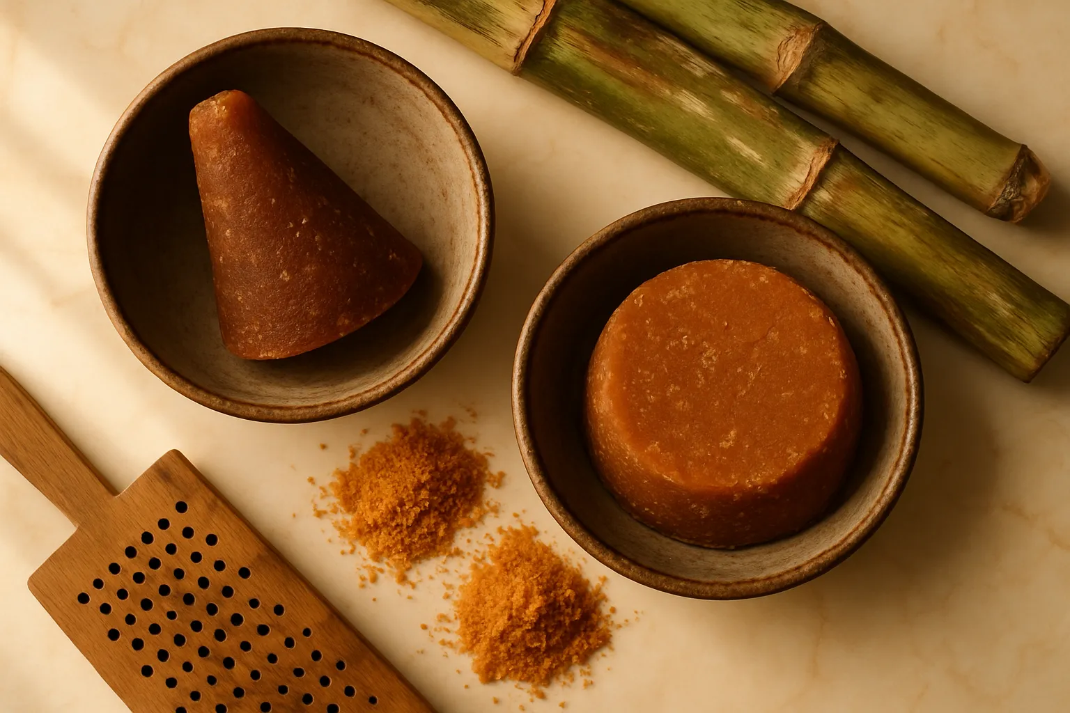 Panela vs piloncillo comparison showing whole cane sugar blocks and powder